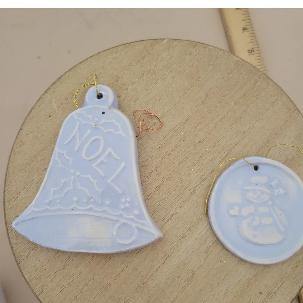 Vintage Blue Ceramic Christmas Ornaments Set Noel Bell and Snowman Disc 2pc